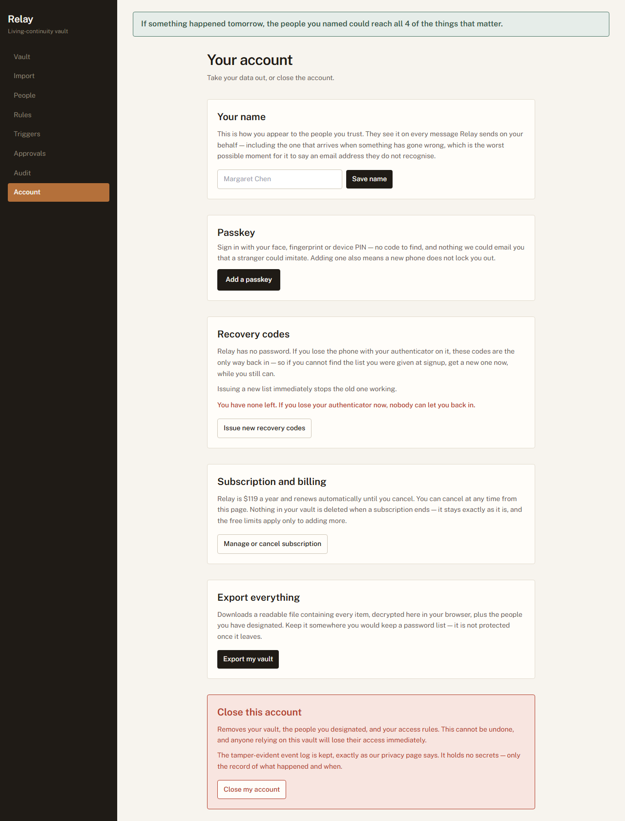The Account screen